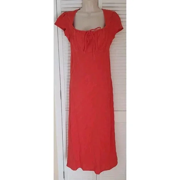 NEW FREE PEOPLE FREE-EST NATALYA SMOCKED COTTON WARM RED RUCHED MIDI DRESS SZ XS - Picture 4 of 10